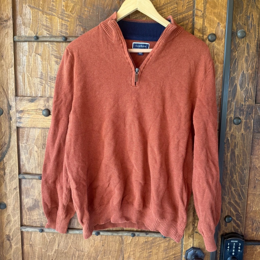 Club Room Quarter Zip Sweater Mens XL Orange Cotton Textured Knit Mock Neck